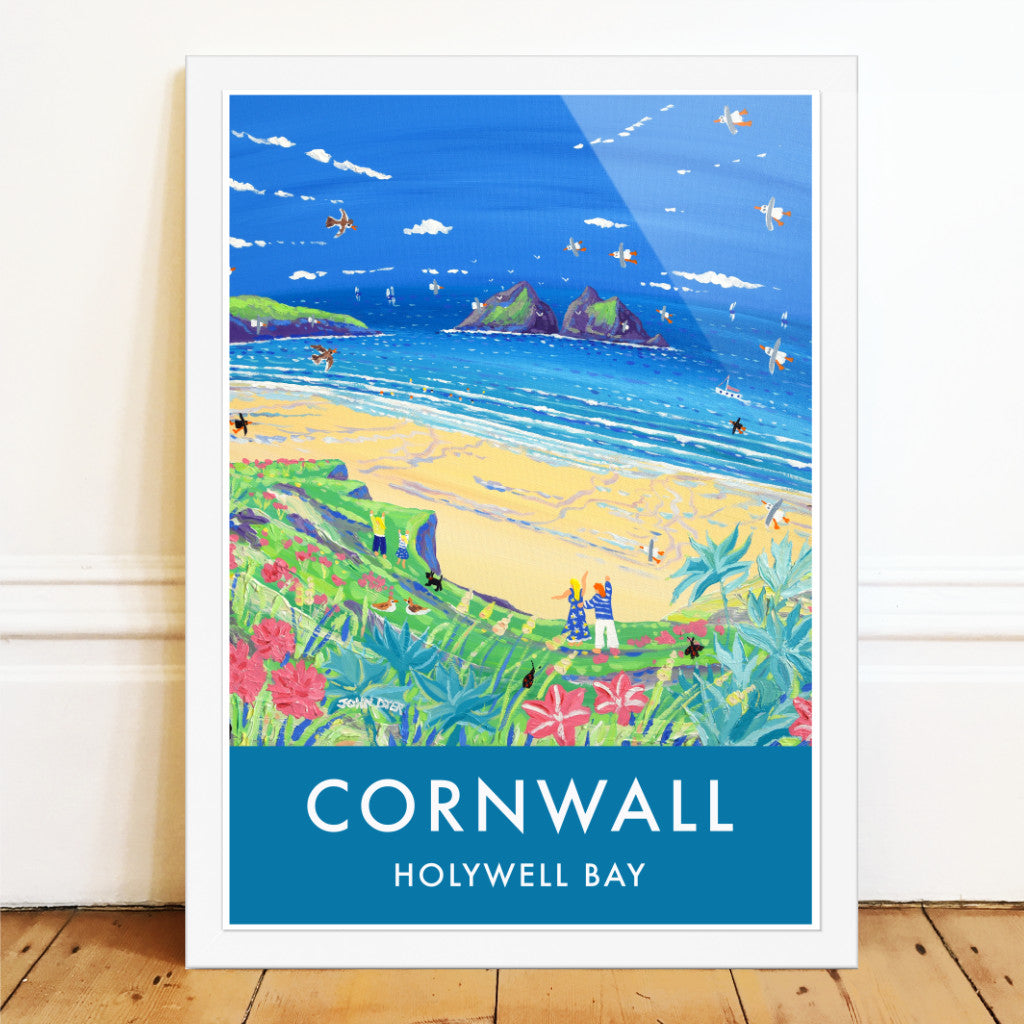 A vintage style seaside wall art poster print of Holywell Bay on the North coast of Cornwall by Cornish artist John Dyer. John used to live in Holywell Bay for 15 years and has a deep connection to the beach and dunes. Brilliant colour and type combine on this poster print with John&#39;s painting to create a perfect image of Holywell Bay and a wonderful vintage look for your home or office.