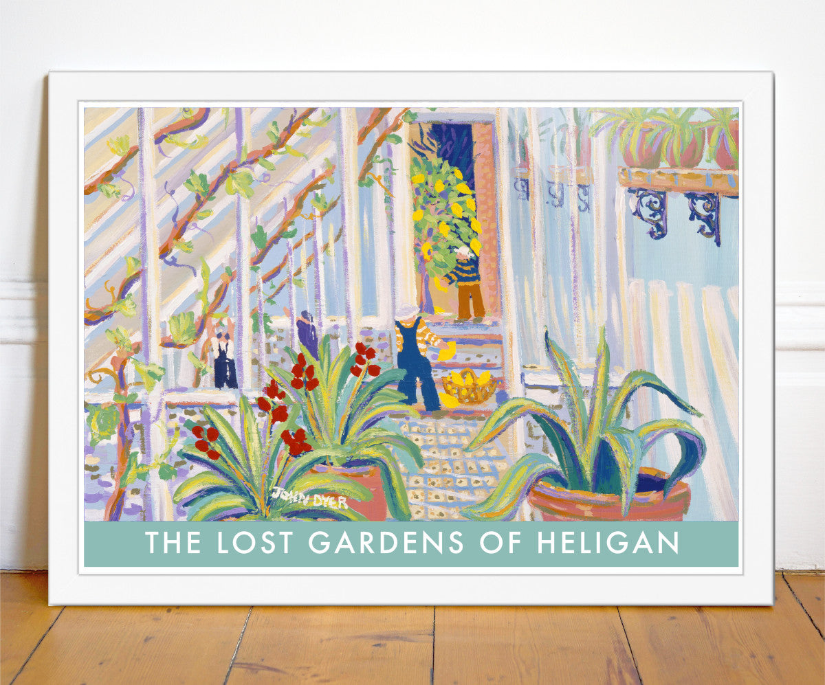 Some of the best-known paintings of the Lost Gardens of Heligan are from artist John Dyer. This John Dyer painting&#39; Lemon Squeezy in the Greenhouse, Heligan&#39; has been beautifully reproduced onto this vintage style wall art poster print of the gardens. Featuring the lean-to glass house at Heligan the artist has featured lemons, vines &amp; agaves. Beautiful &amp; a wonderful image of this world famous garden.
