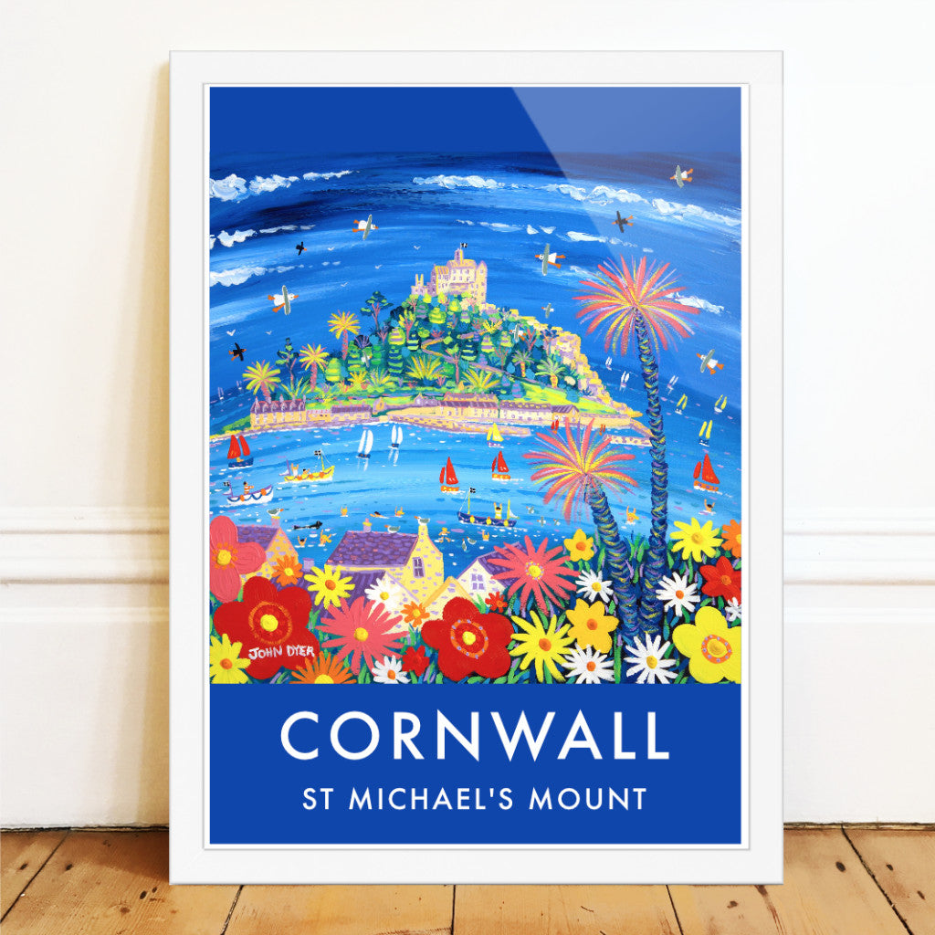 This is a spectacular wall art poster print of artist John Dyer&#39;s painting &#39;Summer Flowers, St Michael&#39;s Mount&#39;. The print radiates colour and all the fun of the seaside. The view is from above Marazion looking towards the amazing island of St Michael&#39;s Mount. Bold use of color and form, towering palm trees, seals, boats and swimmers all combine to create a perfect art poster of Cornwall.