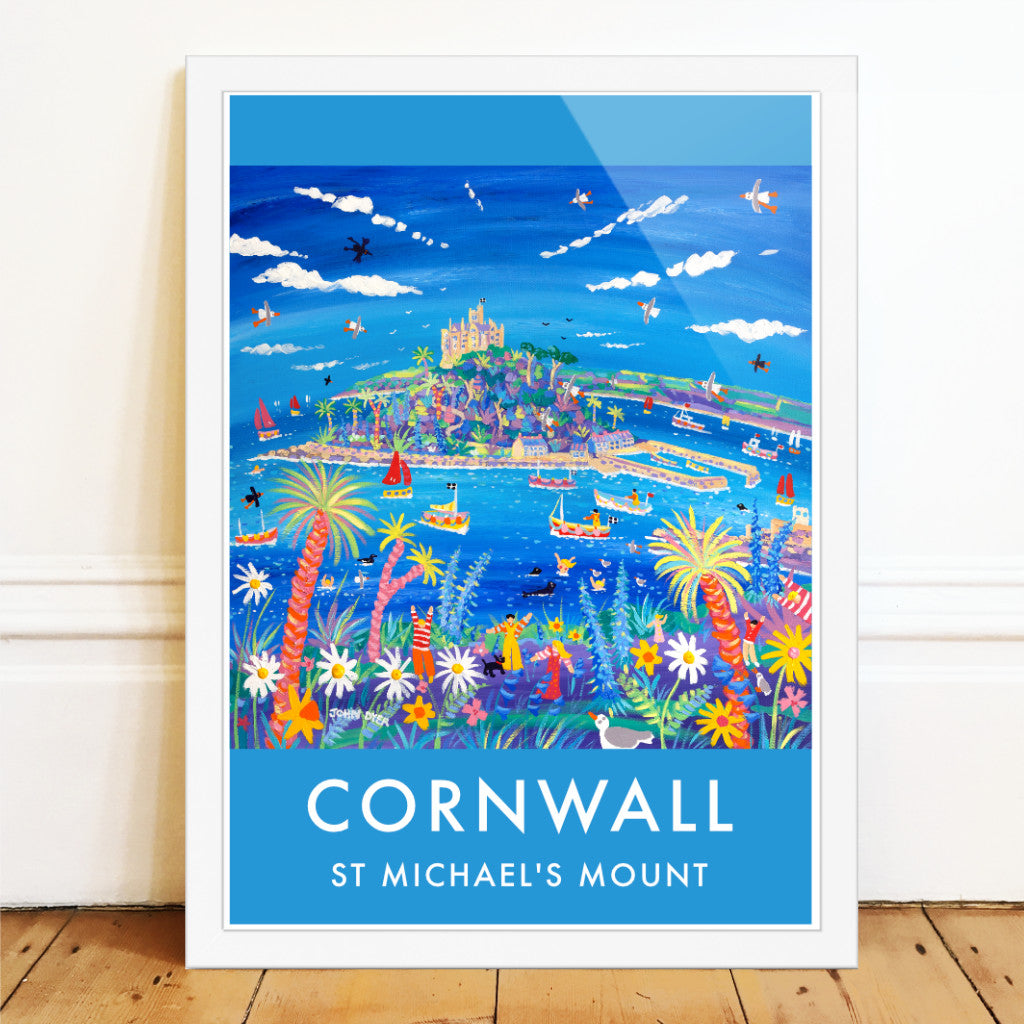 A beautiful wall art poster print by Cornish artist John Dyer of St Michael&#39;s Mount and Mount&#39;s Bay at Marazion in Cornwall. Palm trees, flowers, echiums and more fill the foreground in this energetic depiction of life in Cornwall. A family enjoy the sunshine and boats, skinny dippers, seals and seagulls create a fabulous narrative in the bay.
