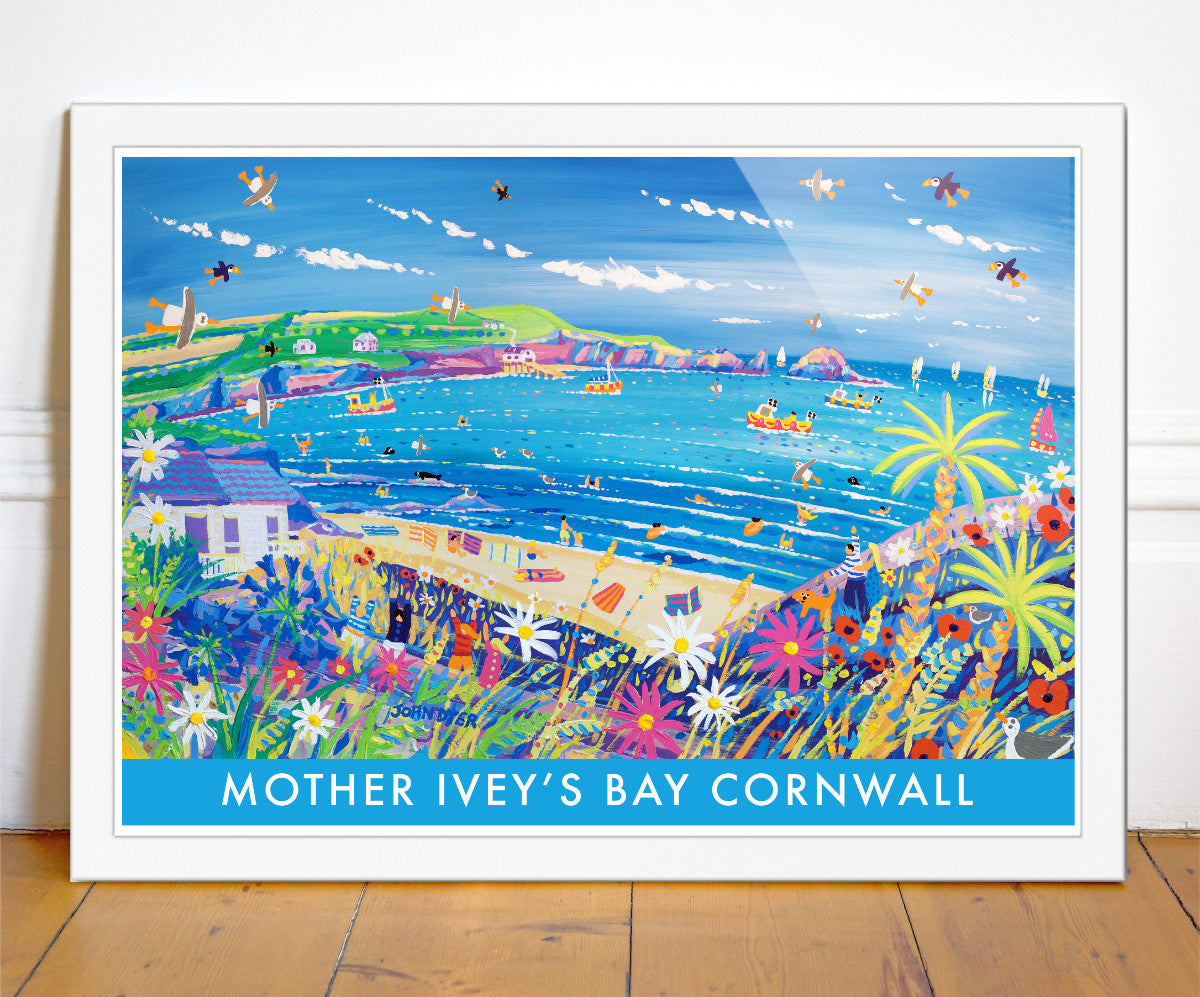 A stunning fine art wall poster print of Mother Ivey&#39;s Bay in Cornwall by Cornish artist John Dyer. The print captures the essence of a family holiday on the North Cornish Coast at Mother Ivey&#39;s Bay. Wild flowers abound on the cliffs, the surf gently rolls into the beach, Puffins and Seagulls fly through the sky and surfers catch brilliant blue waves.