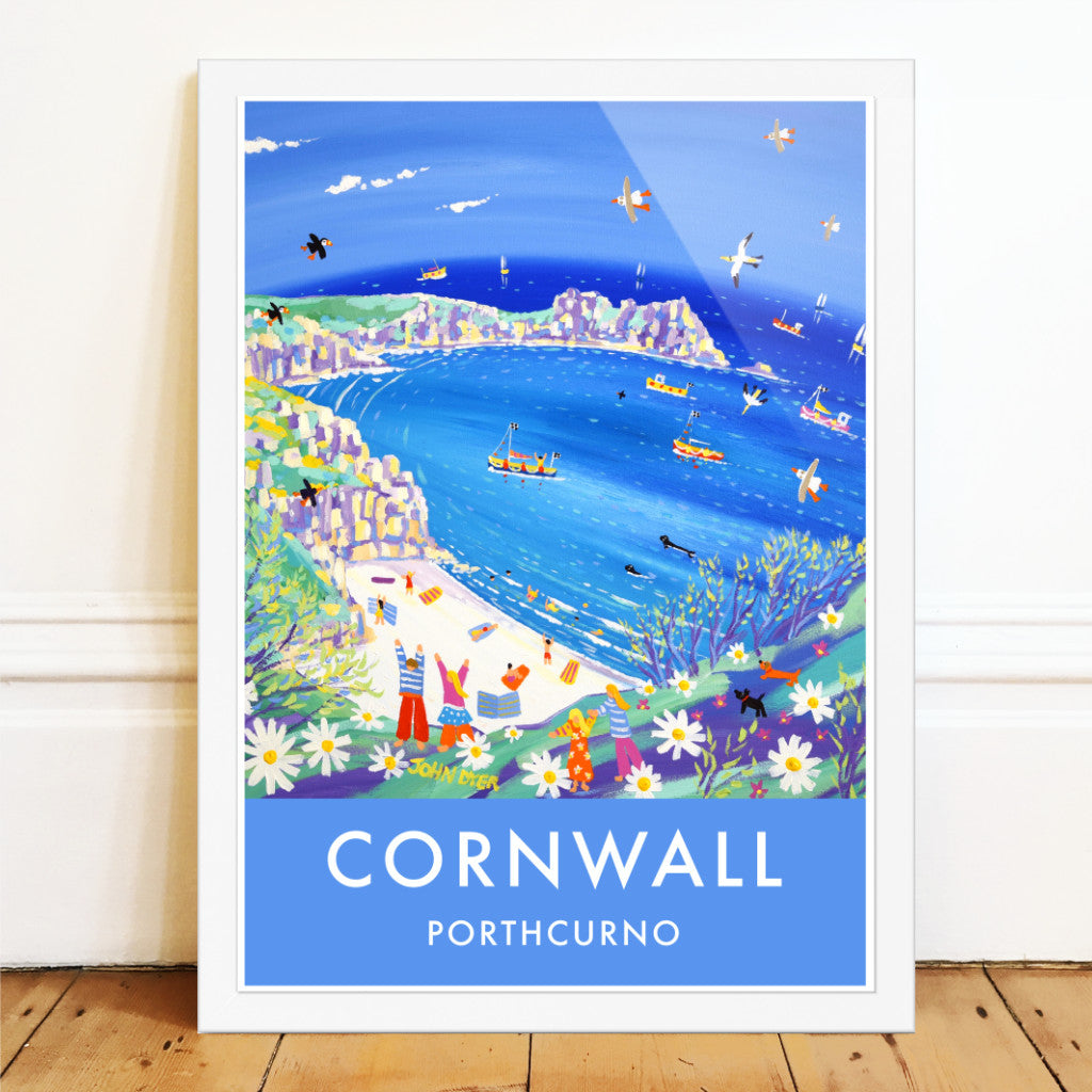 Porthcurno beach in Cornwall is captured by Cornish artist John Dyer in this delightful vintage style art poster print. Gannets, puffins and seagulls fly across the Cornish blue sky. The white sand of the beach sets off the glittering sea where we can see swimmers and seals enjoying the waves. Fishing boats sail into the cove and a family walks the Cornish cliff path on their way to the beach.