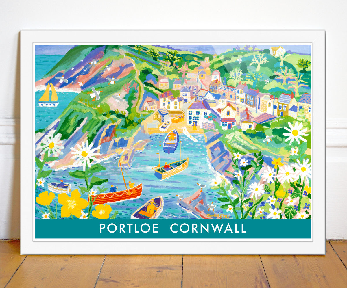 A vintage style fine art wall poster print of the fishing village of Portloe in Cornwall by artist John Dyer. Painted from the &#39;flag staff&#39; the print features the view from above Portloe and takes in the village and the many fishing boats heading back to the beach. Moon daisies and buttercups fill the foreground. This is a delightful vintage style art poster print from Cornwall&#39;s best loved artist.