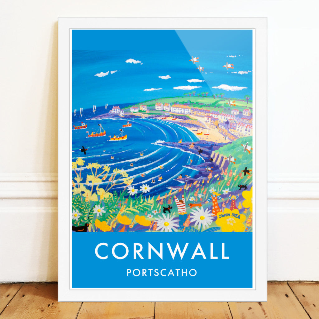 Portscatho Art Print by Cornish Artist John Dyer. Cornwall Art Gallery, Vintage Style Poster Prints of Cornwall.