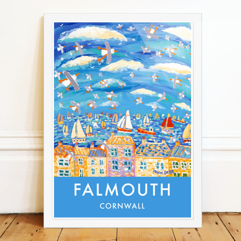 We love this vintage style travel wall art poster print of seagulls over Falmouth in Cornwall from one of Cornwall's best loved artists, John Dyer. John's work is collected all over the world but it is lovely to see his home town of Falmouth in Cornwall inspiring this seagull filled seascape. It is bound to bring a touch of Cornwall and memories of happy times to all who view. Boats fill the bay and seagulls fill the sky over Falmouth. Available unframed or framed and ready for your wall at home.