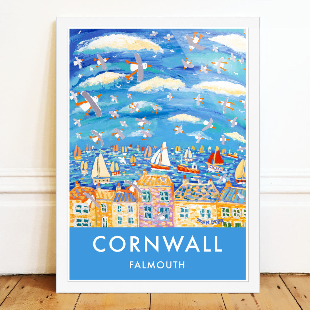 Falmouth Seagulls Art Print by Cornish Artist John Dyer. Cornwall Art Gallery, Vintage Style Poster Prints of Cornwall.