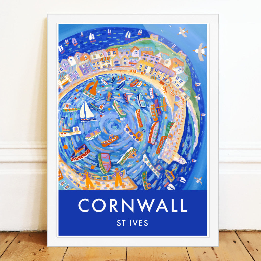 John Dyer Cornish wall art poster print &#39;Flying around the Harbour, St Ives&#39;. The artist has wrapped the harbour of St Ives in Cornwall around in a circle which gives us a seagull&#39;s eye view of St Ives in this spectacular and fun image of one of Cornwall&#39;s most famous seaside towns.