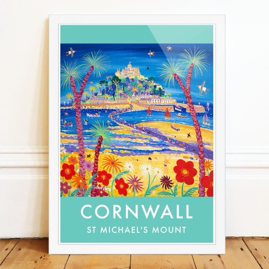 St Michael's Mount fine art wall poster print by Cornish artist John Dyer. This stunning art poster print features the work of John Dyer and his picture of low tide at St Michael's Mount as people walk across the causeway. Stunning use of colour and the highest quality paper and printing combine to create a stunning art print of Cornwall's most visited location by Cornwall's best know artist. Available unframed or framed and ready to hang in your home.