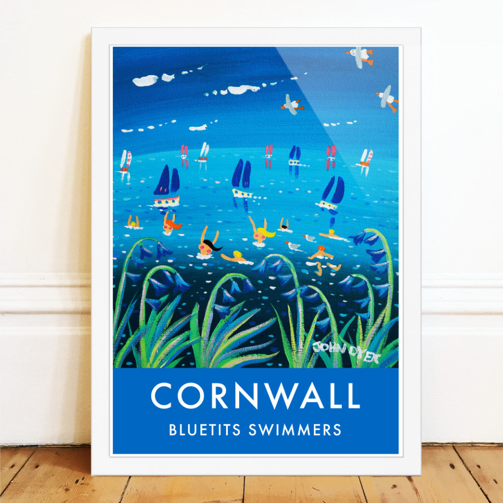 A fabulous wall art poster print by Cornish artist John Dyer featuring his painting 'Blue Bathings Belles' and inspired by the Bluetits movement of cold water swimming. Bluebells fill the foreground and take our view out to the narrative of the topless bathers in the sea beyond. Sailing boats and seagulls complete this wonderful image and fantastic art poster print. Available unframed or framed and ready to hang in your home.