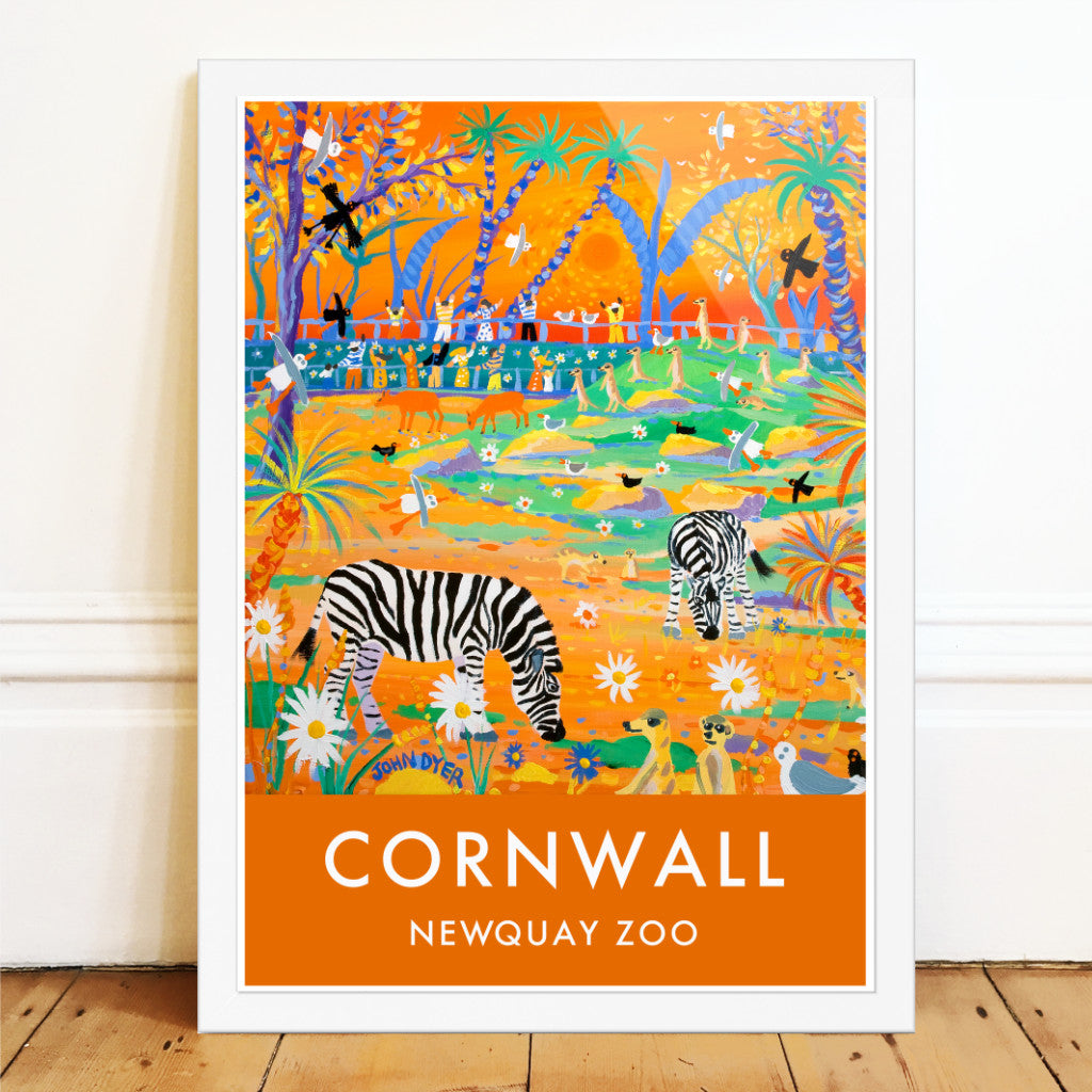 Vintage Style Travel Poster Art Print by Cornish Artist John Dyer of Newquay Zoo Safari Zebras