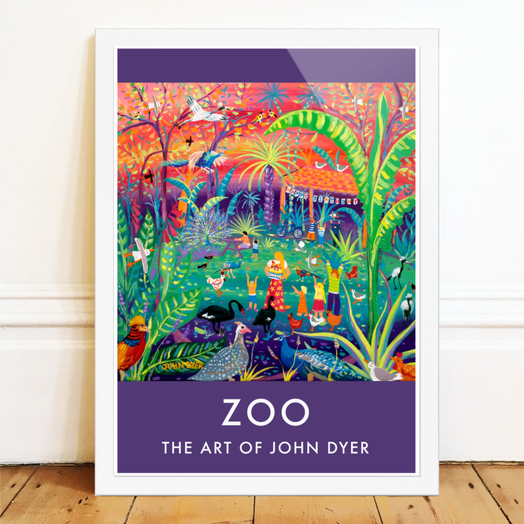Zoo wall art poster print by artist John Dyer. As the artist in residence for Newquay Zoo in Cornwall for Darwin 200 John studied many of the zoo&#39;s birds to create this wonderful celebration image of a birthday party at the zoo. John noticed that a huge variety of birds gathered after and during the party to collect any crumbs of food. Wonderful.