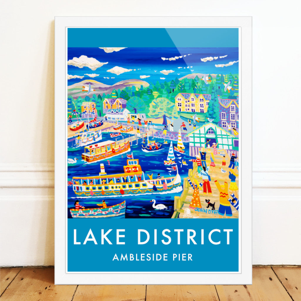 This vintage style travel wall art poster print by John Dyer of Ambleside Pier in The Lake District captures all the fun of a family holiday or day trip to the Lakes. Lake Windermere has many colourful ferries and boats and the artist has included the day trippers as they wait for the ferry at Ambleside Pier. The mountains can be seen rolling away in the background and swans glide past.