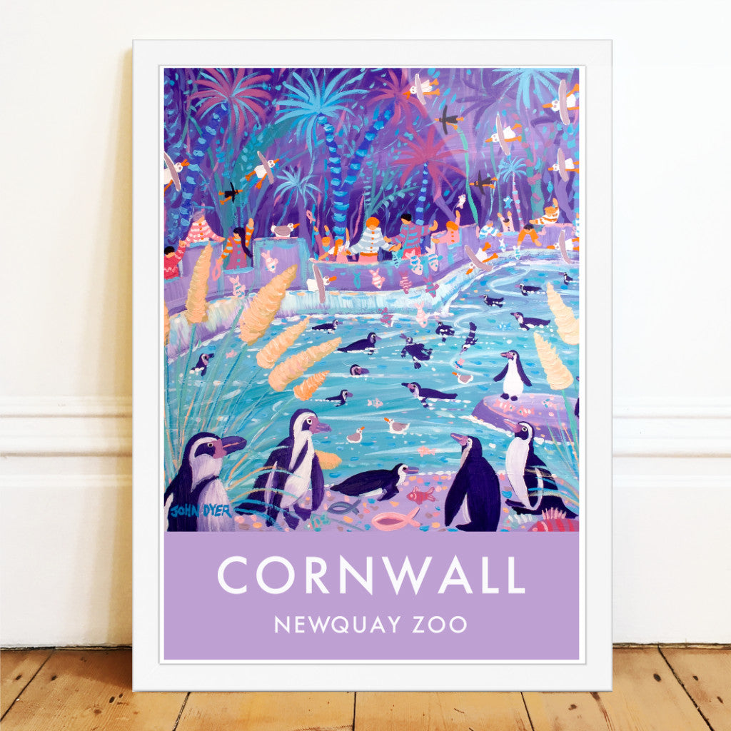 Wall art poster print of humboldt penguins at the zoo by artist John Dyer. Painted during John's official Darwin 200 residency at Newquay zoo for the UK's Darwin 200 celebrations. The crowds are enjoying the penguins and are feeding them with fish as the penguins swim around in their penguin pool. Beautiful purple and blue colours are used throughout the piece. Available unframed or framed and ready to hang in your home.