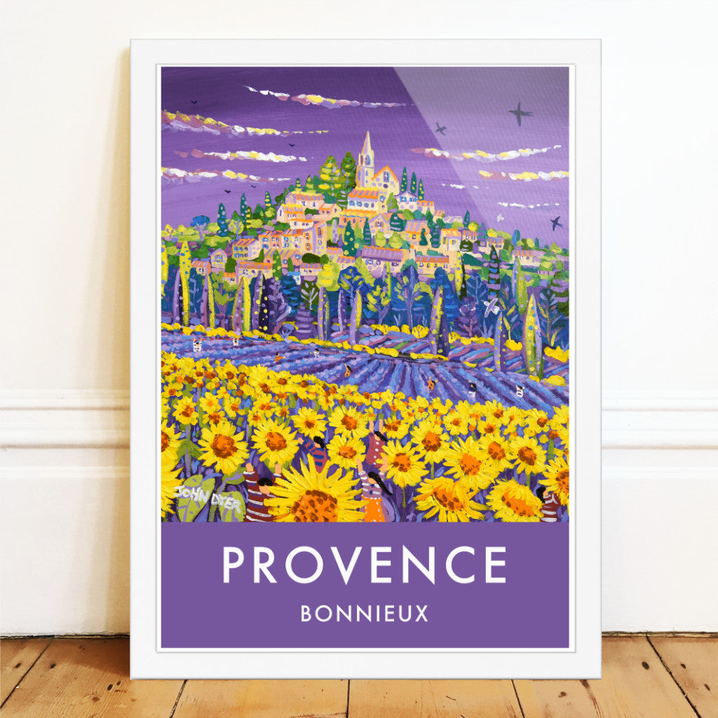 Bonnieux, Sunflowers and Lavender, Provence, France. Vintage Style Travel French Wall Art Poster Print by John Dyer.