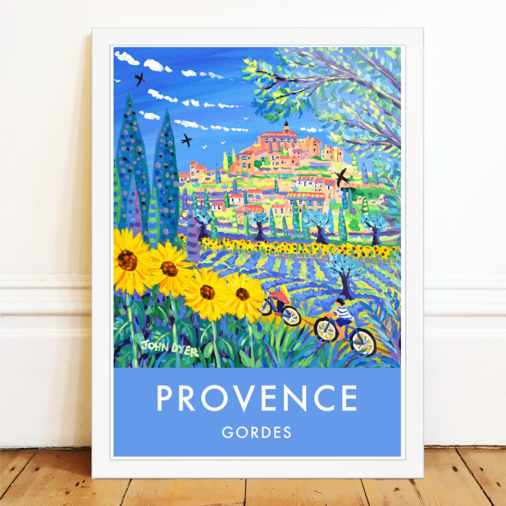 Gordes, Provence, France. Sunflower and Lavender Vintage Style Travel Art Poster Print by John Dyer.