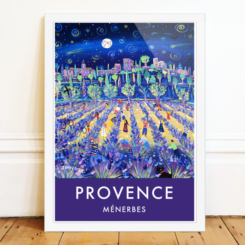 This John Dyer vintage style french art poster print of the lavender harvest features the Provençal village of Ménerbes in the Luberon region of Provence in the south of France. A full moon illuminates the scene. Shooting stars fly through the sky and people gather the lavender in baskets ready for the market. A fabulous John Dyer poster print that is available framed or unframed in a variety of sizes.