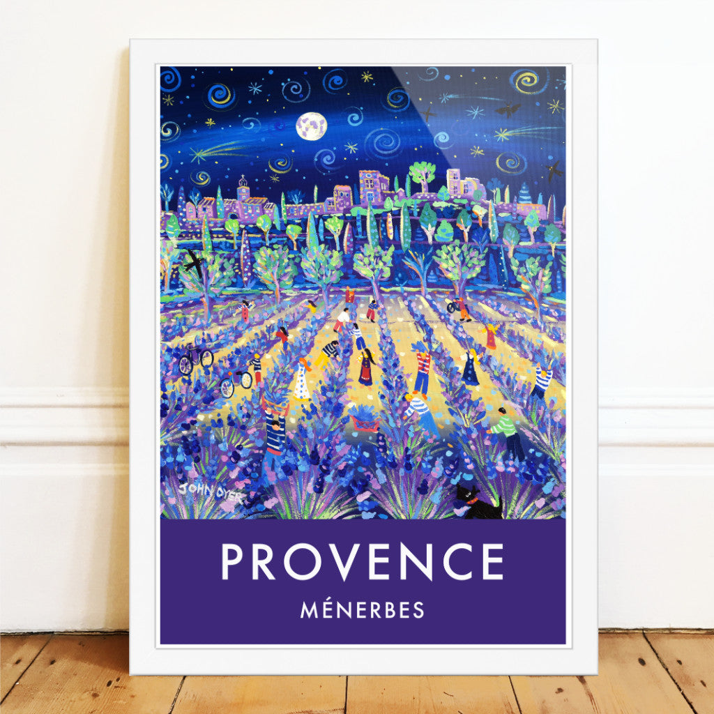 This John Dyer vintage style art poster print of the lavender harvest features the Provençal village of Ménerbes in the Luberon region of Provence in the south of France. A full moon illuminates the scene. Shooting stars fly through the sky and people gather the lavender in baskets ready for the market. A fabulous John Dyer poster print that is available framed or unframed in a variety of sizes.