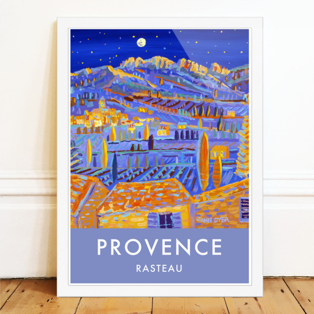 This travel art poster print of Provence features the amazing art of John Dyer and the view looking across the landscape of Provence from the village of Rasteau towards the wine producing villages of Séguret and Sablet. The Dentelles de Montmirail chain of mountains catch the moonlight in the distance set against a deep blue night sky.