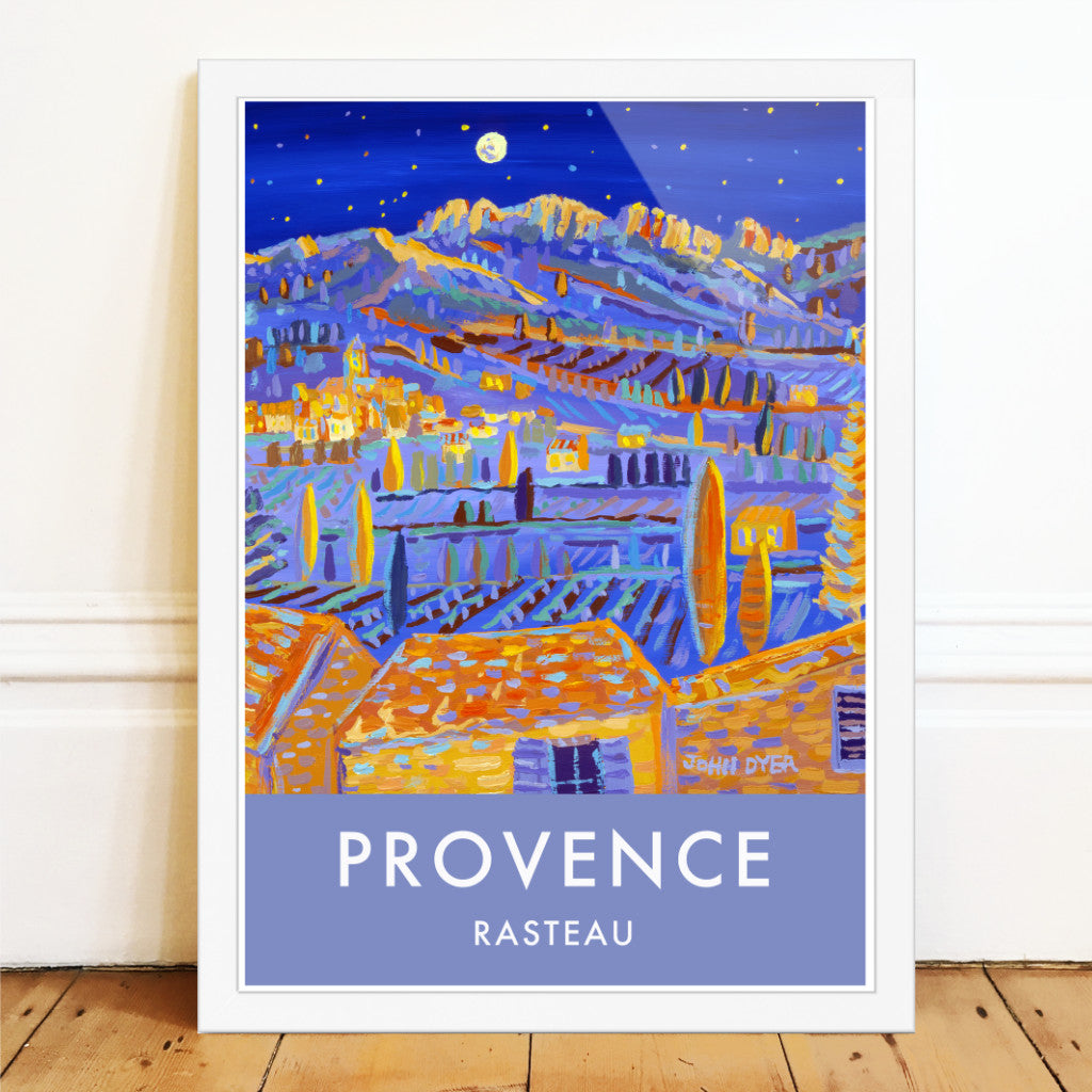 This travel art poster print of Provence features the amazing art of John Dyer and the view looking across the landscape of Provence from the village of Rasteau towards the wine producing villages of Séguret and Sablet. The Dentelles de Montmirail chain of mountains catch the moonlight in the distance set against a deep blue night sky. You can almost hear and smell the atmosphere of an August night in Provence from this art poster. Available framed or unframed