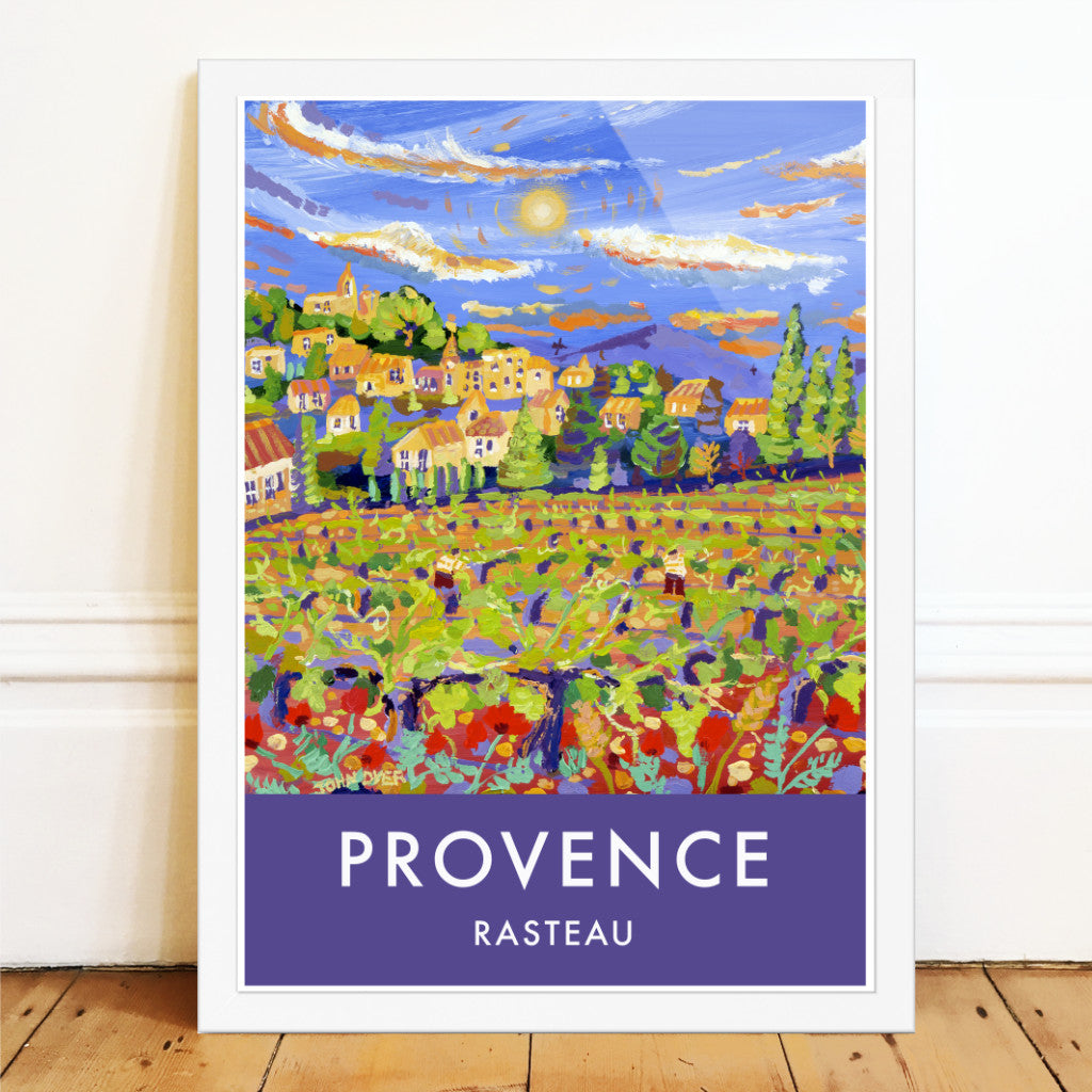 Provence wall art poster print available unframed or framed. The spring colours of the vineyards surrounding the wine producing village of Rasteau in Provence, France,  have been captured perfectly by British artist John Dyer. John often paints in Provence and stays in a farmhouse in the village. This vintage style art travel poster features John&#39;s painting &#39;The Sun sets over the new Vines, Rasteau&#39; which was painted en plein air in Provence.