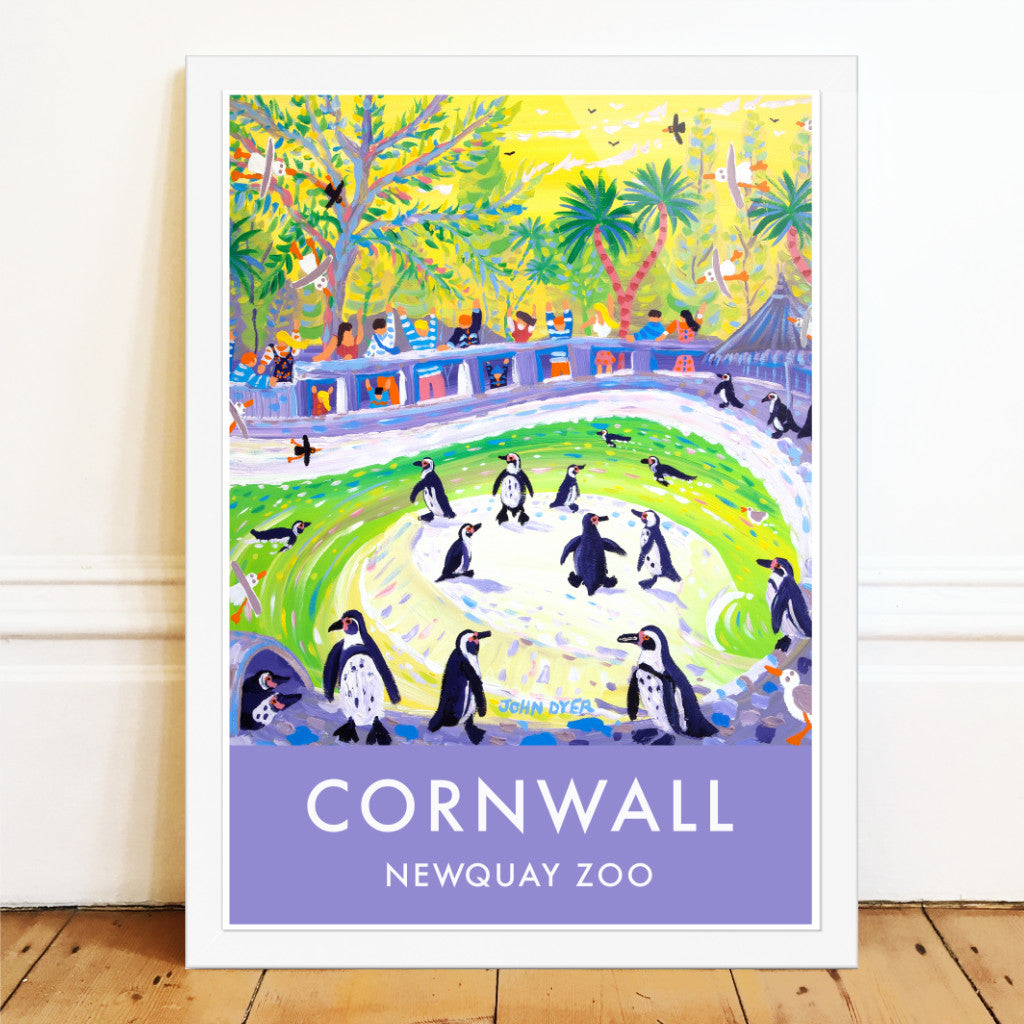 A gorgeous wall art poster print of penguins at the zoo in their penguin pool by John Dyer. The zesty lemon yellows, lime greens and purples create a tropical palette which the penguins are set against. Seagulls swoop overhead looking for fish in the penguin pool.