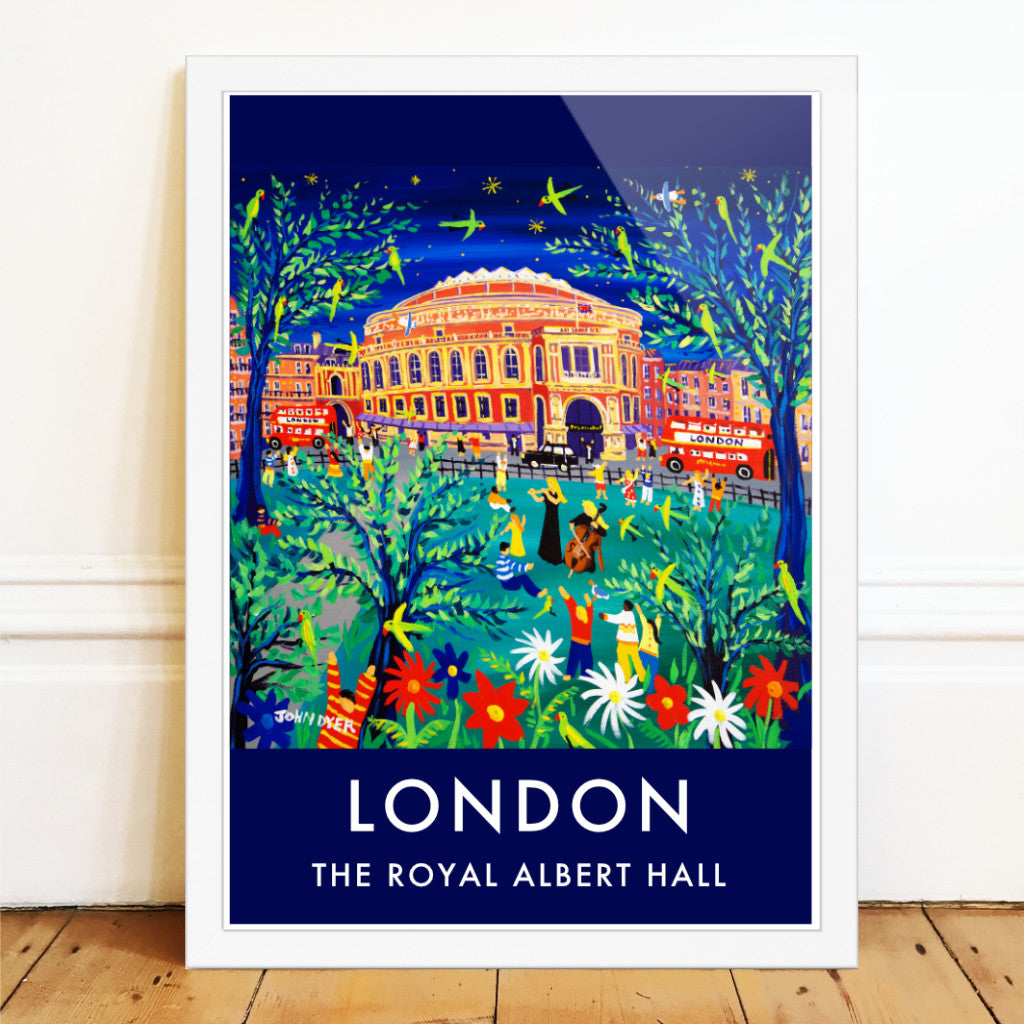 John Dyer&#39;s wall art poster print of London features &#39;Performing to the Parrots in the Park, Royal Albert Hall&#39; which makes for the perfect vintage style art poster print of London. Featuring Hyde Park &amp; the Royal Albert Hall the print is a complete celebration of London life &amp; culture with musicians performing flute and cello music to parrots in the park with black cabs &amp; London buses whizzing past.