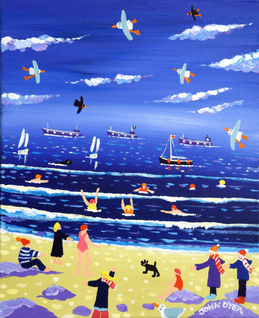 Cold water swimmers in Falmouth, Cornwall. Painting by artist John Dyer.
