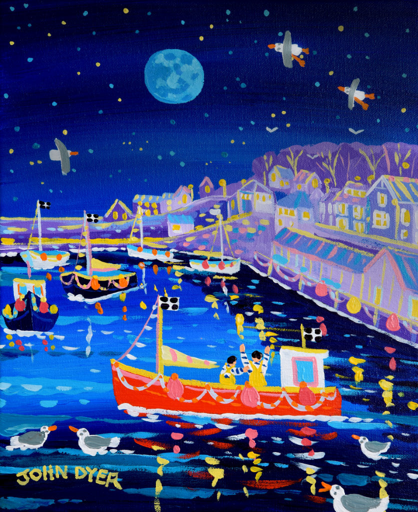 Painting of a red fishing boat in Newlyn harbour by John Dyer. Nocturne with a full blue moon.