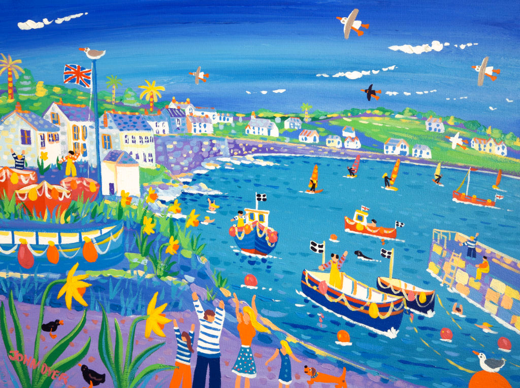 Coverack Harbour with daffodils painting by John Dyer. Windsurfers, sausage dachshund dog, fishermen and a union jack flag.