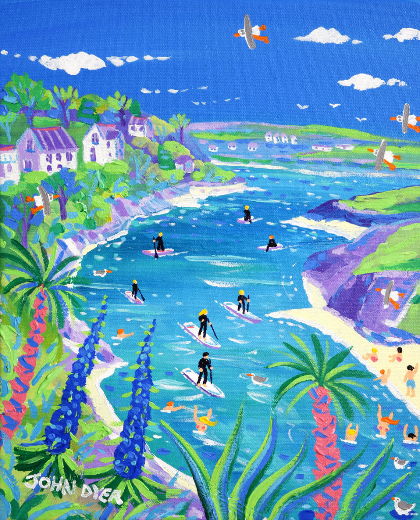 John Dyer painting of paddleboarding on the river Gannel in Newquay. Crantock beach, echiums and palm trees, topless swimmers and seagulls.