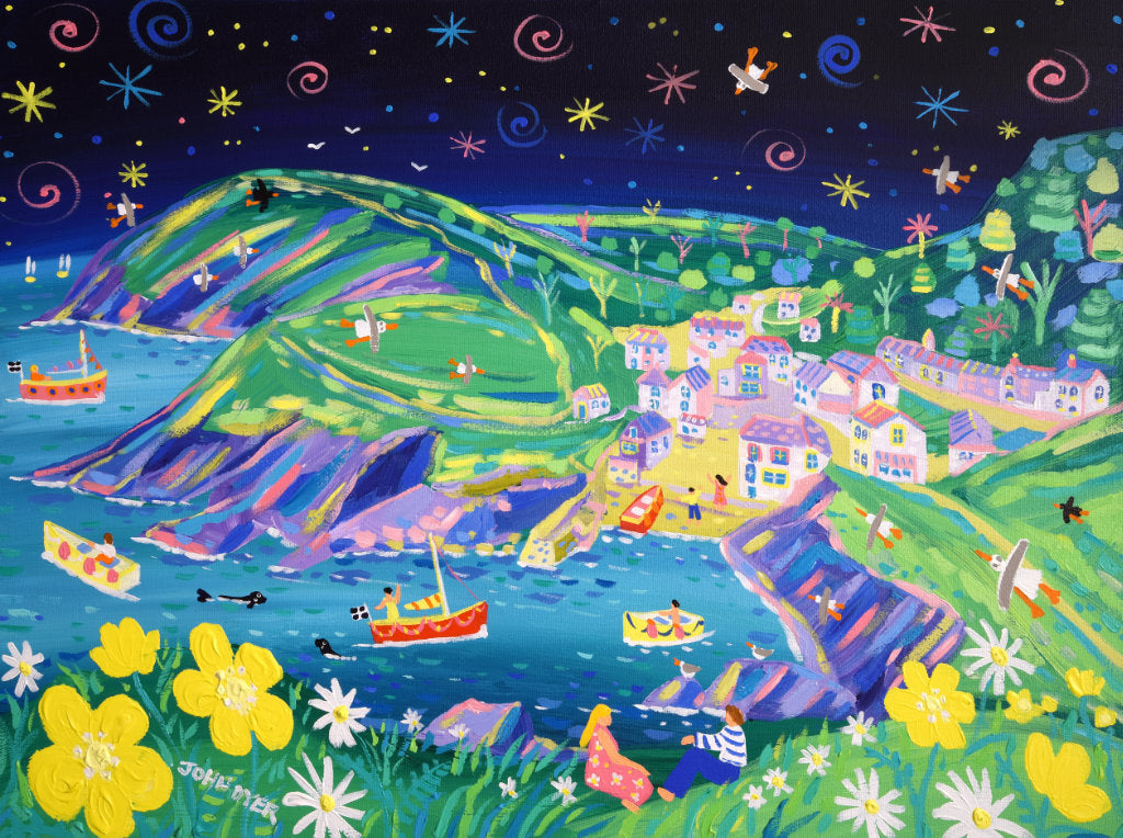 John Dyer painting of the fishing village of Portloe in Cornwall. Buttercups and daisies with a couple, fishermen, seals, stars and seagulls. Nighttime painting.