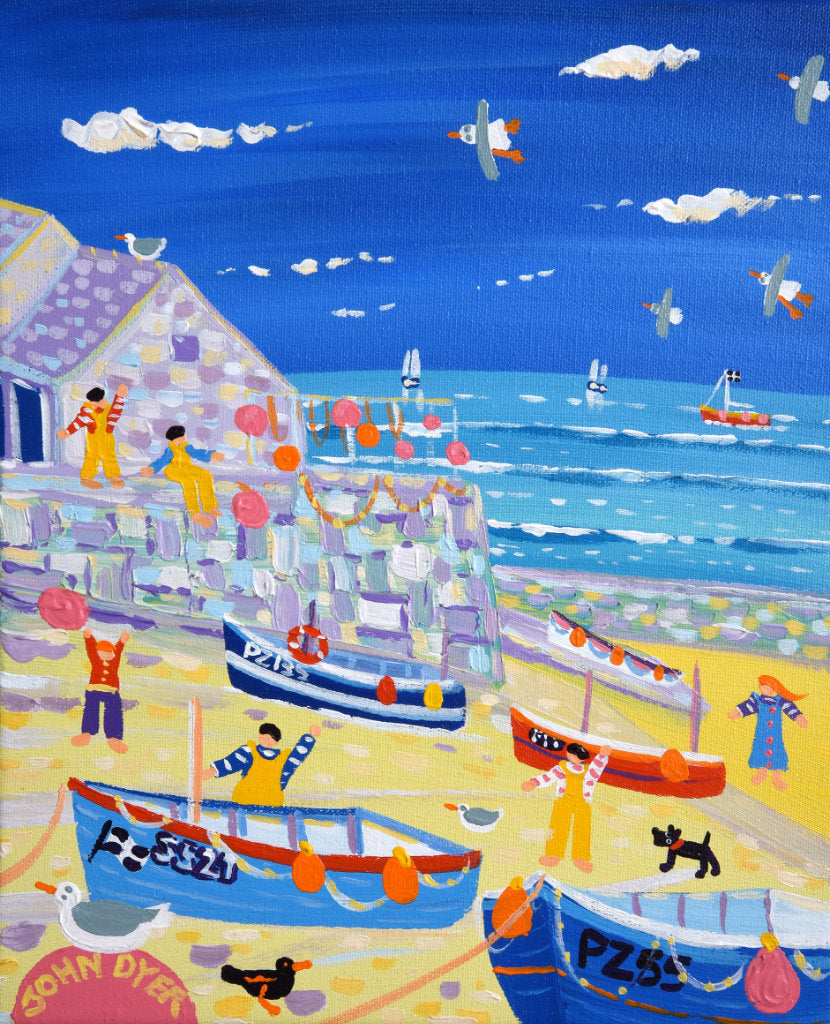 John Dyer painting of Sennen Cove with fishing boats and fishermen in Cornwall.