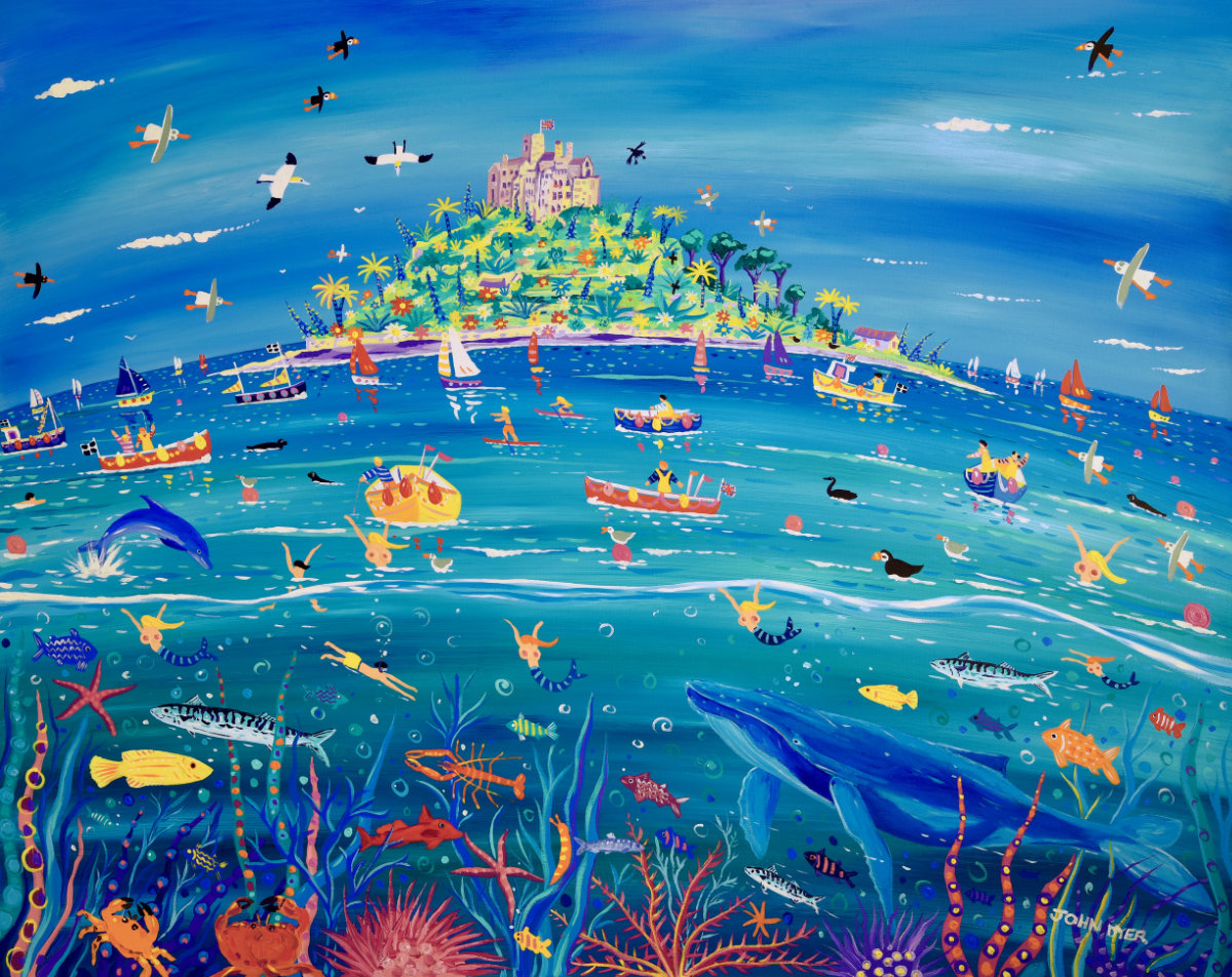 &#39;Underwater Wonders, Mount’s Bay&#39;, 48 x 60 inches acrylic on canvas. Paintings of Cornwall by Cornish Artist John Dyer. Cornwall Art Gallery