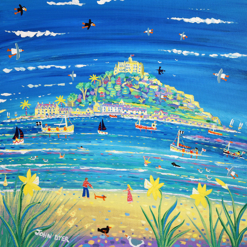 John Dyer painting of St Michael&#39;s Mount in Cornwall. A sausage dog is walked along the beach. Daffodils, fishing boats, seals and puffins feature in the painting.