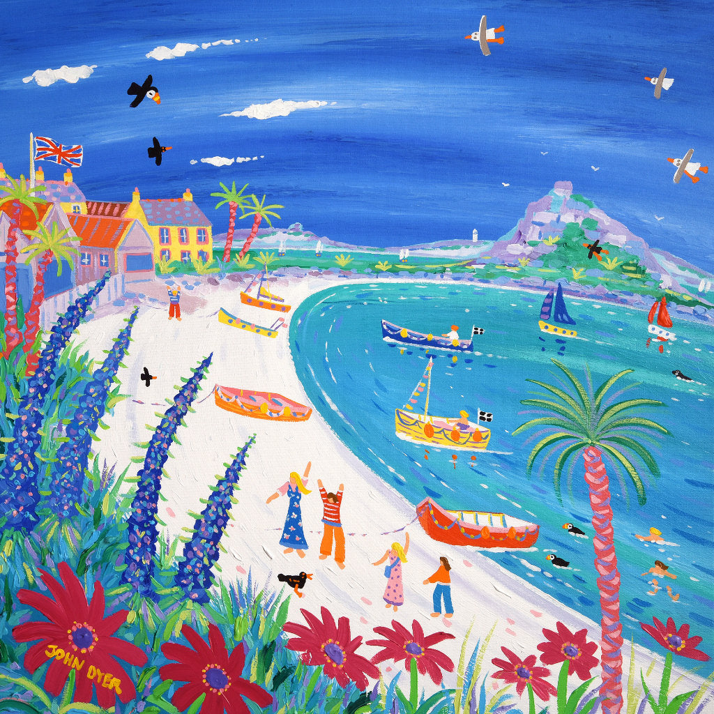 Blue echiums and tropical pink flowers on the beach at Old Grimsby on Tresco in the Isles of Scilly painted by John Dyer. Palm trees, boats, puffins, seagulls and a family on holiday.