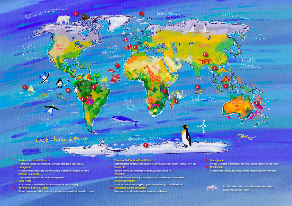 Last Chance to Paint. Climate Change Wildlife World Map. Limited Edition Print by Environmental Artist John Dyer