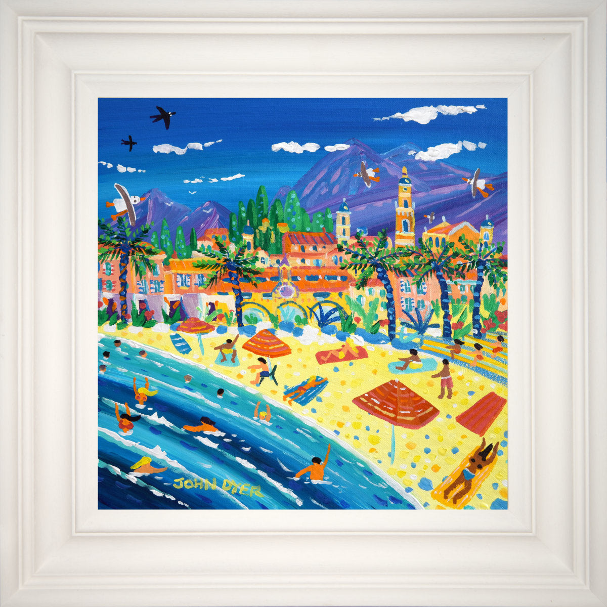 'French Summer Fun, Menton, France', 12x12 inches acrylic on canvas. Paintings of France by British Artist John Dyer. French Art Gallery