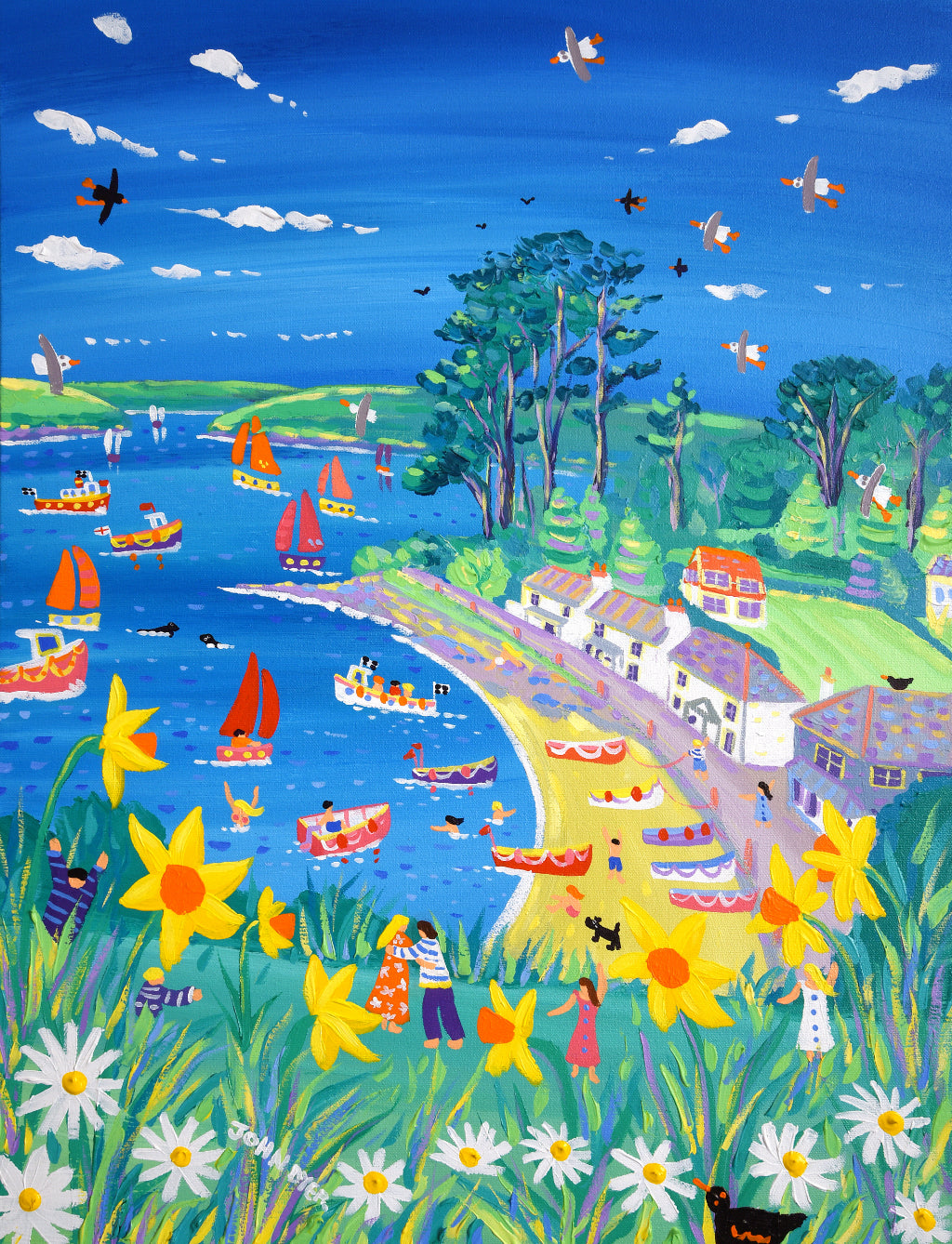 Signed Limited Edition Print by Cornish Artist John Dyer. &#39;Dancing in the Daffodils, Helford Passage&#39;. Cornwall Art Gallery Print