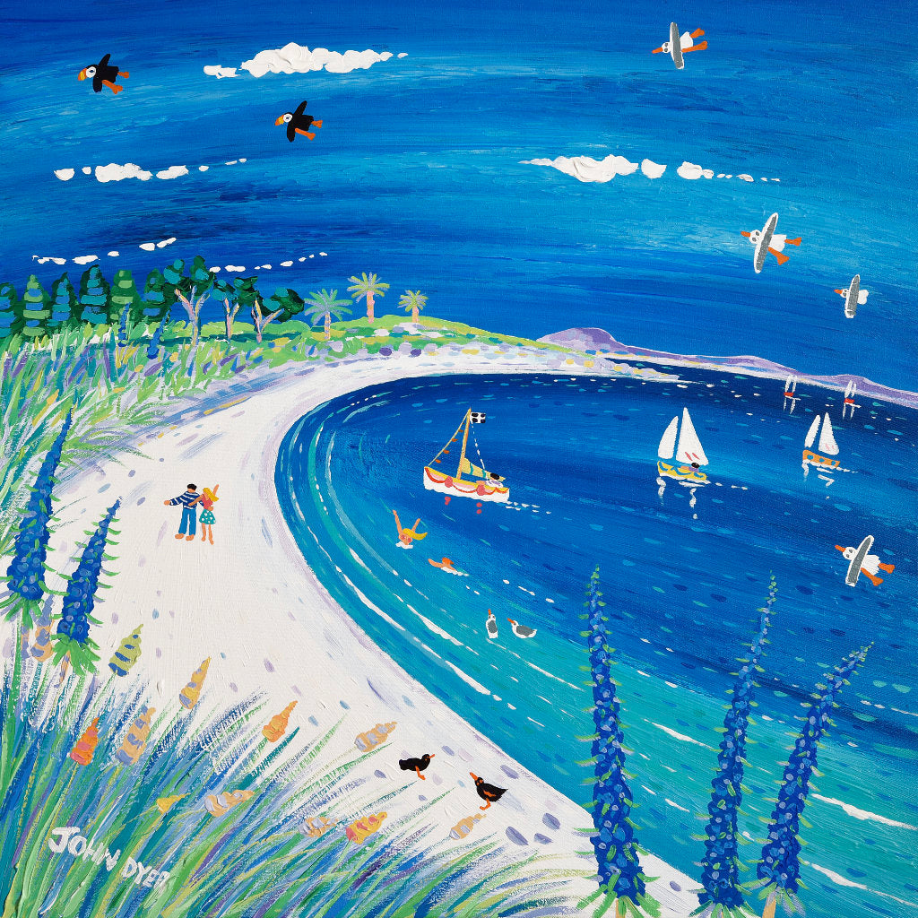 John Dyer painting of Pentle Bay beach on the island of Tresco in the Isles of Scilly. Blue echiums and white sand. sailing boats and puffins.
