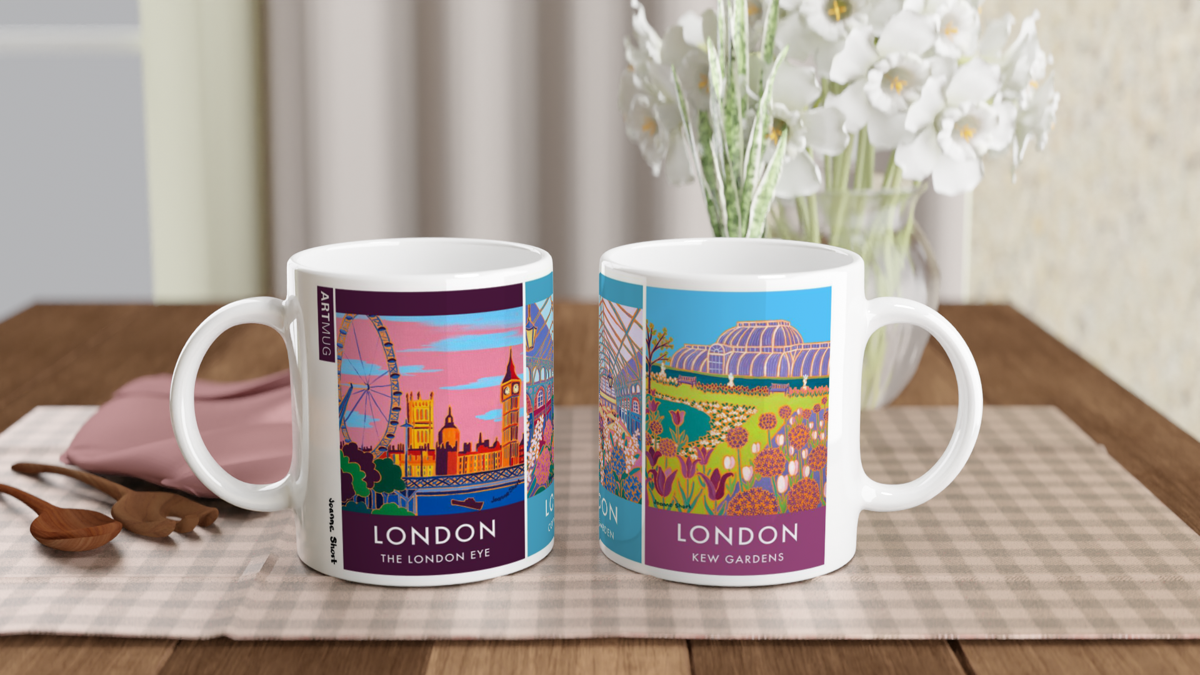 Joanne Short Ceramic Art Mug featuring London. The London Eye, Covent Garden and Kew Gardens