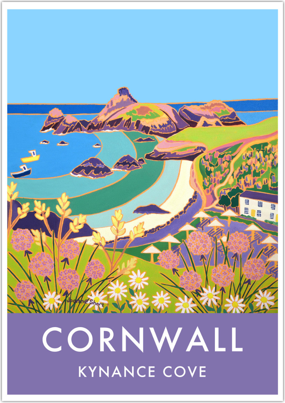 Kynance Cove, on the Lizard peninsular in the far south of Cornwall, is beautifully captured by Cornish artist Joanne short in her painting of the beach that is reproduced on this colourful seaside wall art contemporary poster print. Sea pinks fill the foreground and our view takes us across the beach and captures the whole of Kynance Cove with the clear blue and aqua sea colours. A stunning piece of Cornish art archivally reproduced on this art poster print for you to enjoy on your walls.