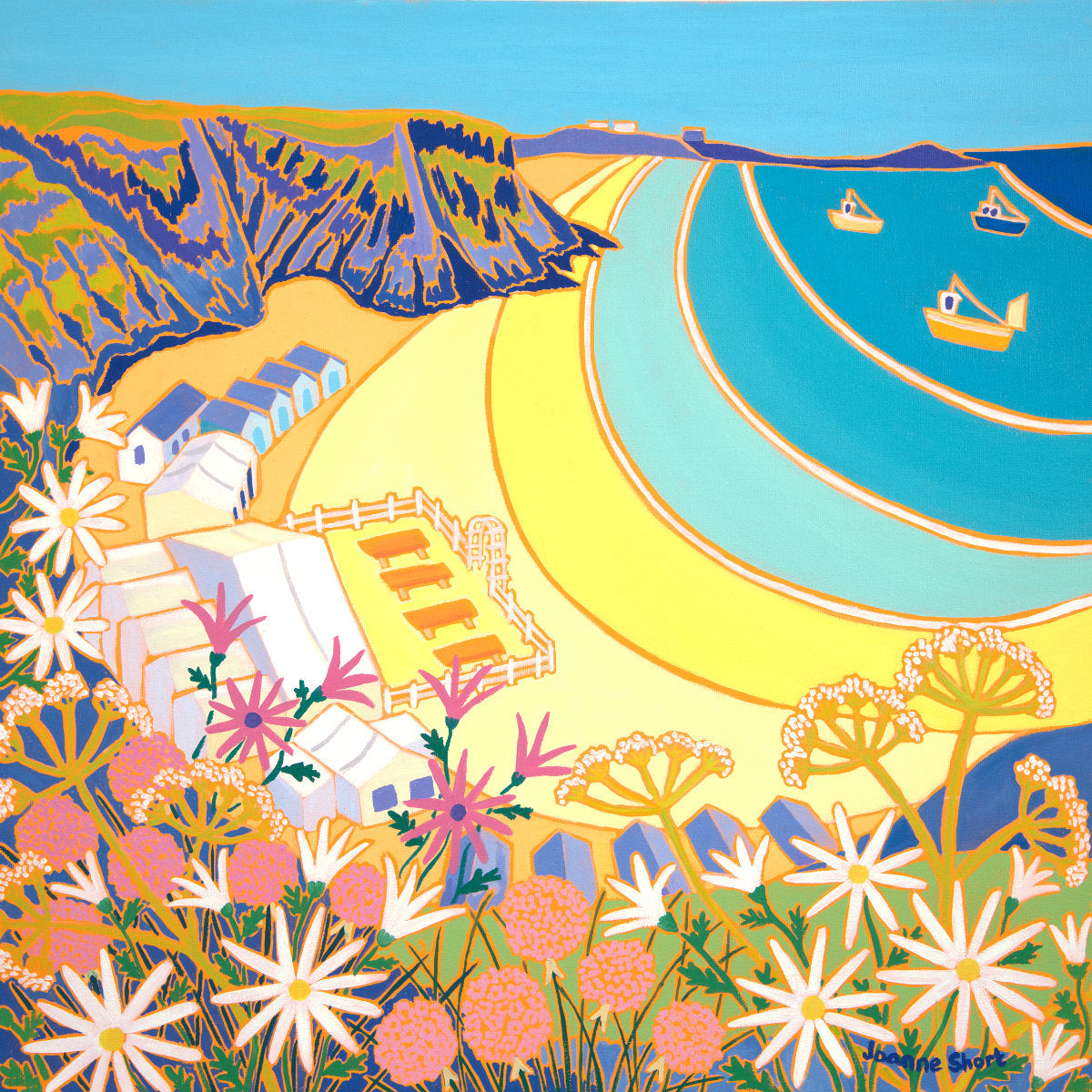 'Happy Days at Lusty Glaze Beach', 18x18 inches oil on canvas. Cornwall Painting by Cornish Artist Joanne Short. Cornish Art from our Cornwall Art Gallery