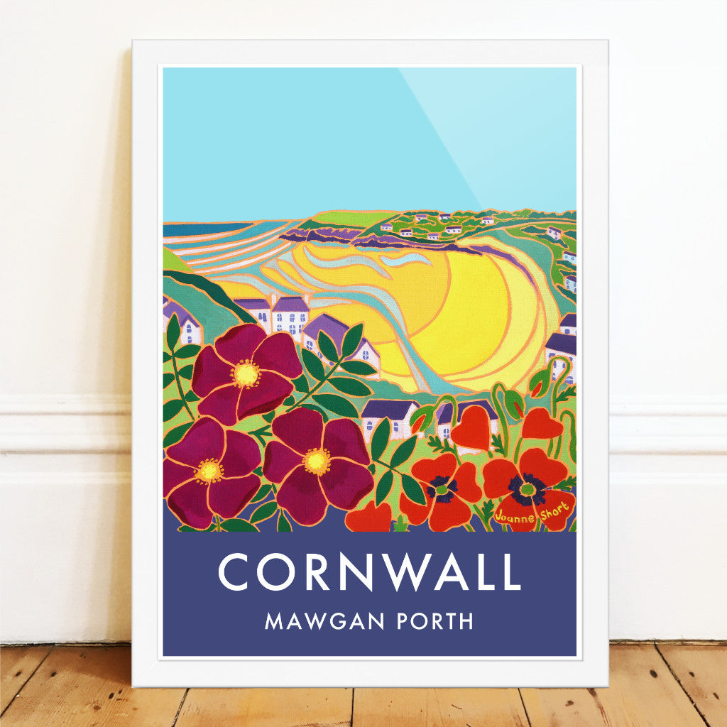 Stunning Cornish wall art archival poster print featuring artist Joanne Short&#39;s painting of Mawgan Porth beach on the north coast of Cornwall. This wonderful art print captures so much of the atmosphere and colour of Mawgan Porth with beach roses and poppies. The river features as it winds its way across the golden yellow sands on the beach and the surf of the sea can be seen as our view is taken out across the bay to the cliffs beyond.