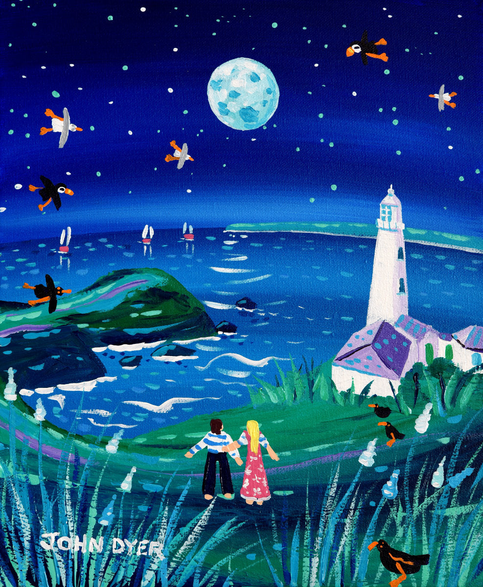 'Meditating under the Moon, Trevose Head Lighthouse', 12 x 10 inches original art acrylic on canvas. Paintings of Cornwall by Cornish Artist John Dyer from our Cornwall Art Gallery