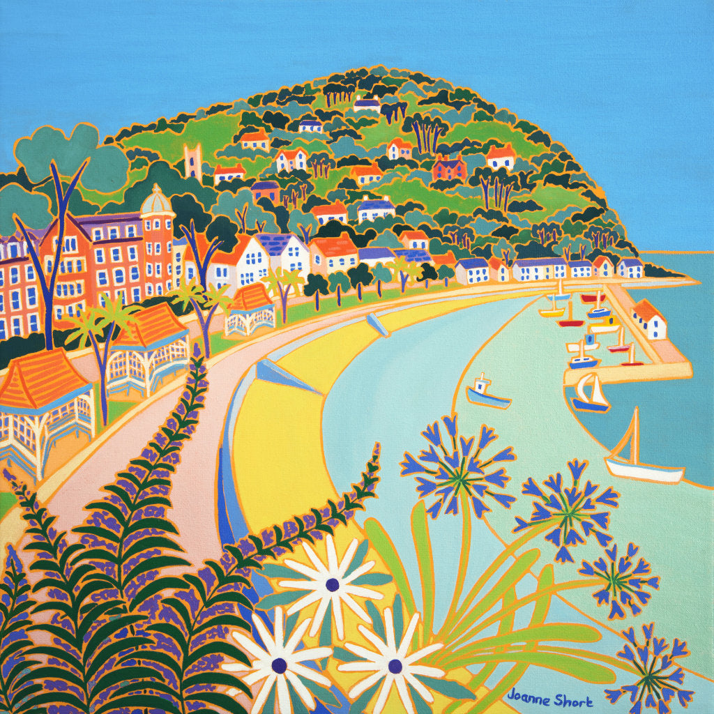 This beautiful oil painting on canvas by artist Joanne Short, captures the beauty and colour of the Minehead promenade, sweeping round to the pretty harbour and stunning North Hill rising above the bay. North Hill is often referred to as “The gateway to Exmoor” and is the start of the South West Coast Path.
