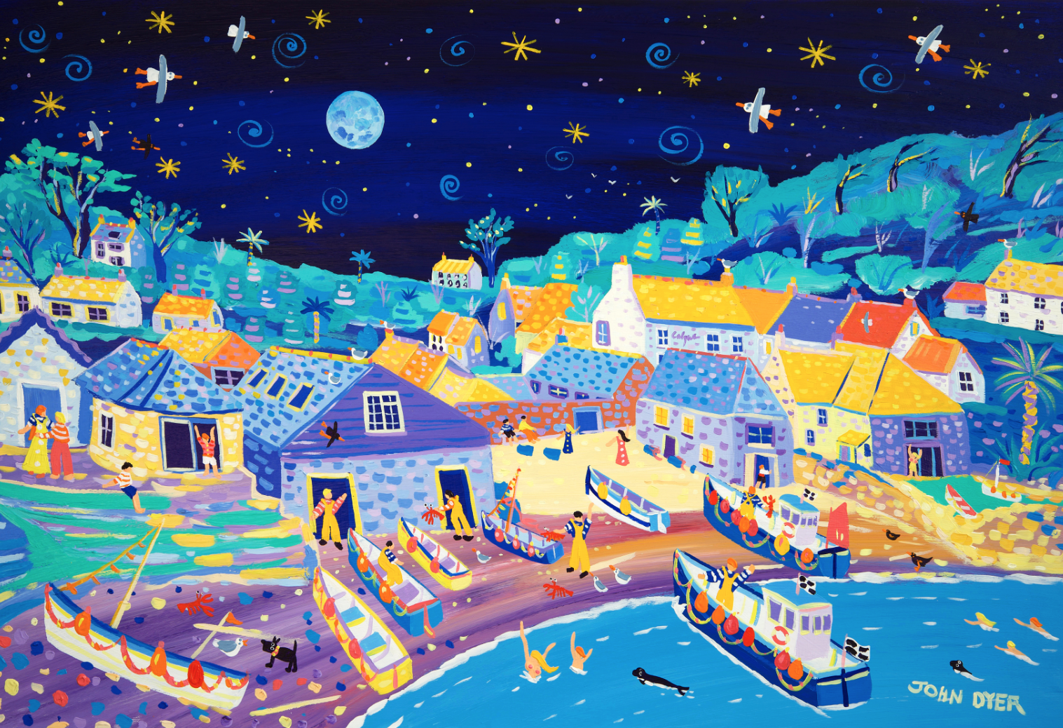 Cornish Art Limited Edition Print by John Dyer. 'Moonlit Skinny Dippers, Cadgwith'. Cornwall Art Gallery Print