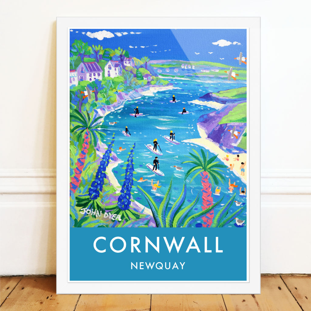 Cornish Art Print of Paddleboarding on the Gannel Estuary, Newquay in Cornwall by Cornish Artist John Dyer. Cornwall Art Gallery, Vintage Style Posters