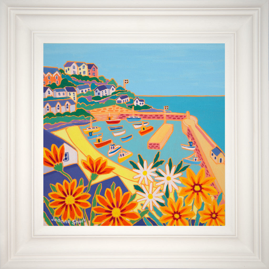 framed painting of Newquay Harbour in Cornwall by artist Joanne Short featuring orange  gazania flowers.