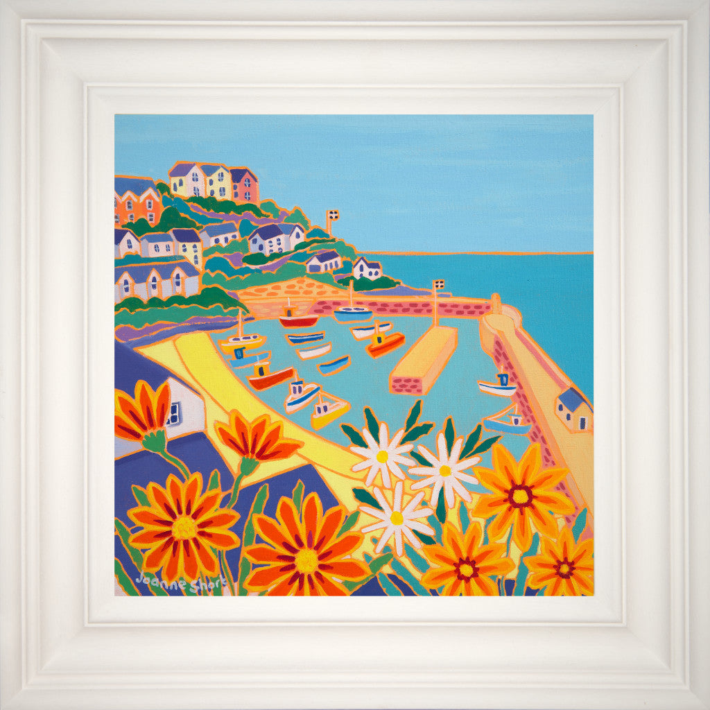A stunning original oil by Cornish artist Joanne Short, this painting boasts the colour and glory of Newquay harbour at its best. The bright orange and yellow gazanias smile down at the fishing boats nestled in the harbour below. If purchased, this painting will appear take you straight back to your holiday in Cornwall every time you look at it and the sun will seem to shine in the room all year round.