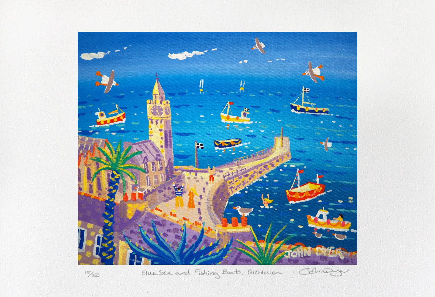 John Dyer Limited Edition Print. 'Blue Sea and Fishing Boats, Porthleven'. Cornwall Art Gallery Print.